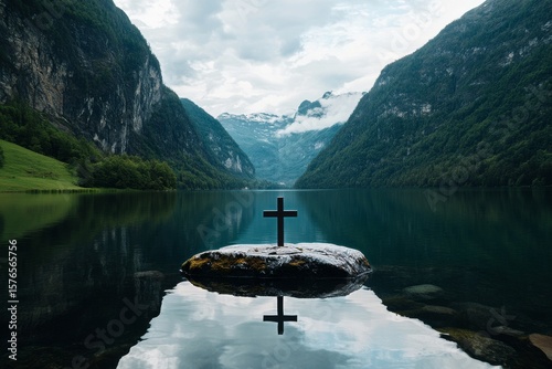Cross on Mossy Rock in Tranquil Lake Surrounded by Mountains in Mist