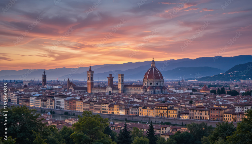 Fototapeta premium Panoramic view of Florence, Italy, at sunset, showcasing historical architecture and a dramatic sky.