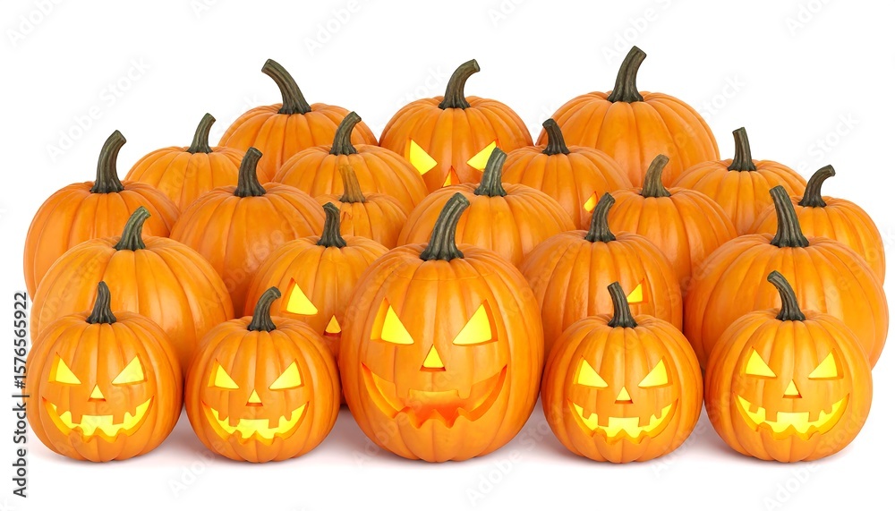 Fototapeta premium Halloween pumpkins clustered on white