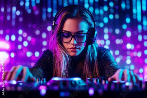 Young Woman DJ Mixes Music With Vibrant Lights at Lively Electronic Dance Event