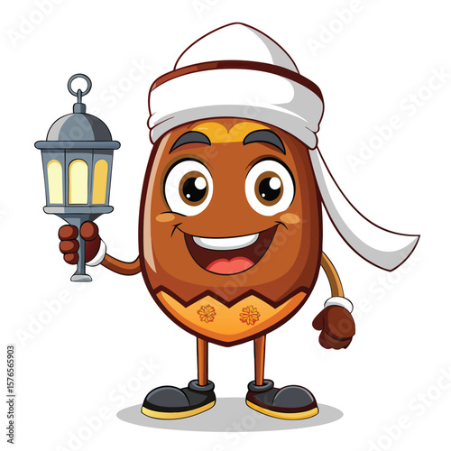 Cartoon character, brown shape with a white head covering, holding a lantern