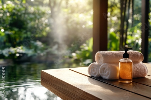 Relaxation Spot With Towels and Essential Oil in a Serene Nature Setting at S...