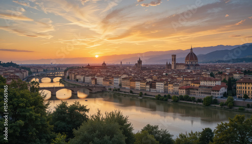 Wallpaper Mural Florence cityscape at sunset, showcasing the Arno River, bridges, and iconic Duomo. Torontodigital.ca
