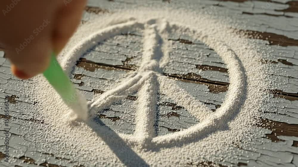 Peace Sign Drawn in Salt on Rustic Wood
