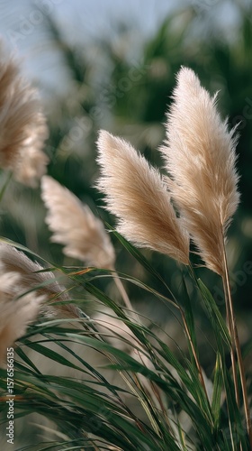 Pampas Grass Swaying Gently in the Breeze During Golden Hour at a Lush Outdoo...