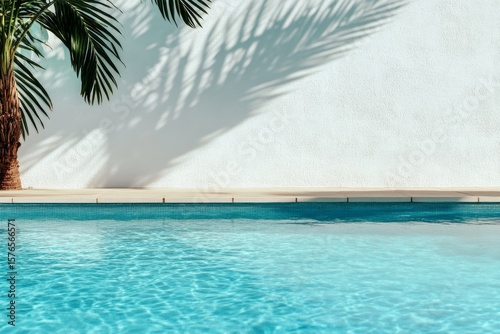 Relaxing Poolside View With Palm Tree Shadow Against a White Wall in Bright S...