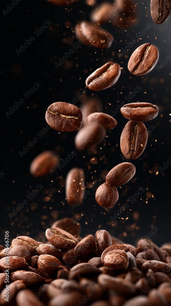 Obraz premium Floating Coffee Beans Creating a Dynamic Coffee Experience in a Dark Background