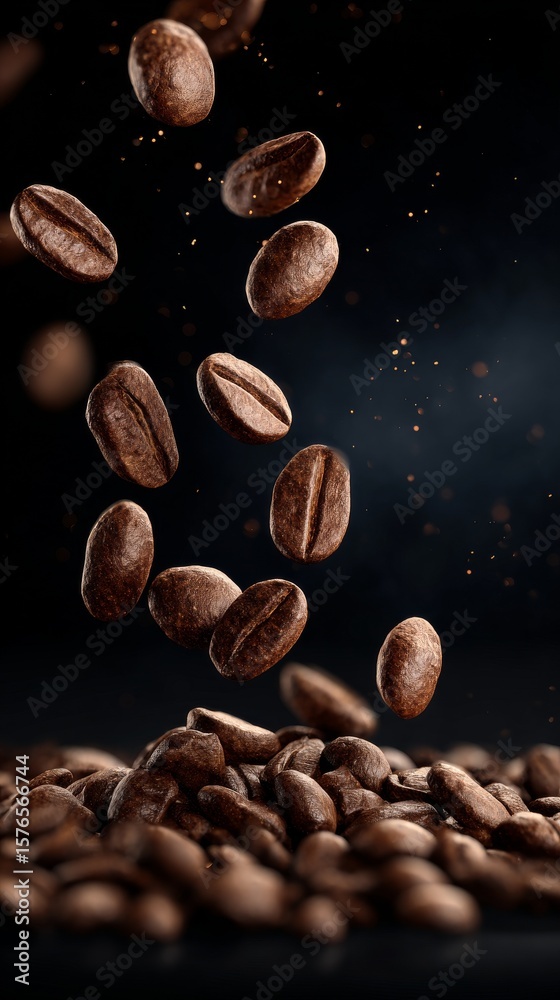Obraz premium Coffee Beans Suspended in the Air Above a Pile Against a Dark Background