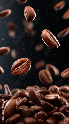 Floating Coffee Beans Creating a Dynamic Coffee Experience in a Dark Background