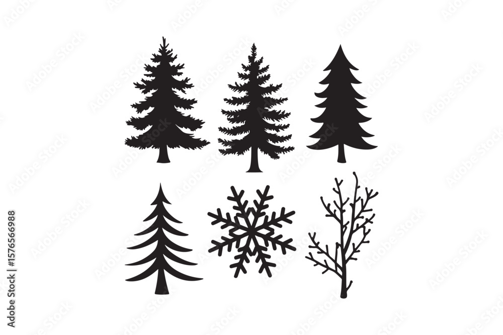 Obraz premium Collection of black silhouette winter elements including pine trees snowflake and branches