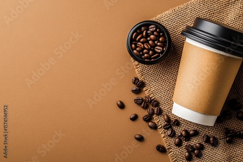 Coffee Cup and Beans Arranged on a Burlap Cloth Over a Brown Background