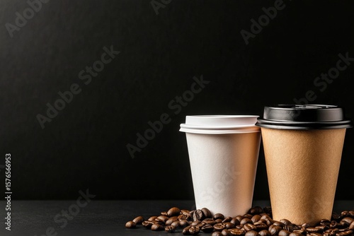 Coffee Cup and Beans Arranged on a Burlap Cloth Over a Brown Background