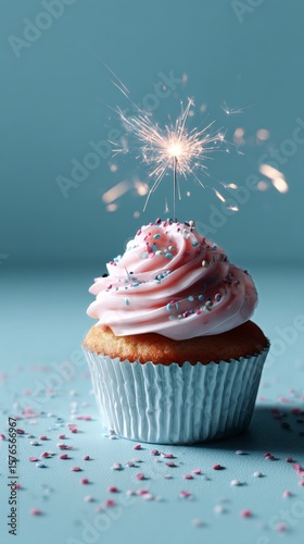 Cupcake With Pink Frosting and Sparkler Celebration on a Blue Background