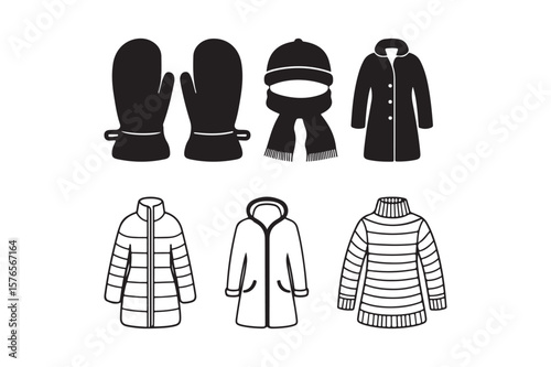 Collection of winter clothing icons including mittens scarves and coats