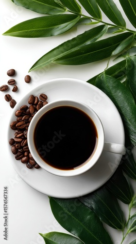 Freshly Brewed Coffee in a White Cup Surrounded by Coffee Beans and Green Leaves