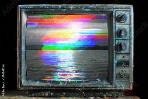 Vintage television displaying a colorful distorted signal with heavy static and glitch effects, giving an impression of technological disruption