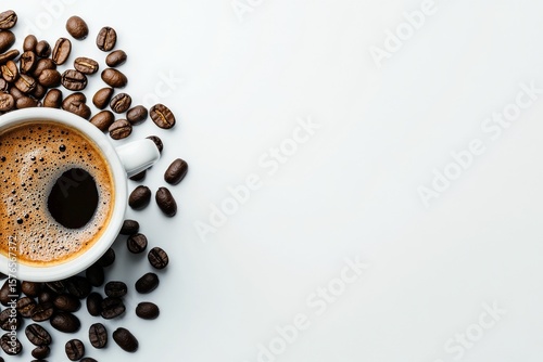 Enjoying Rich Coffee Surrounded by Fresh Roasted Beans on a Clean Surface