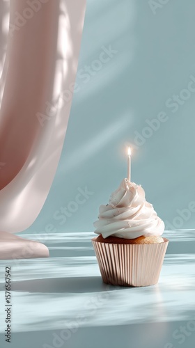 Colorful Cupcake With Candle Celebrating a Special Occasion in a Bright Kitchen
