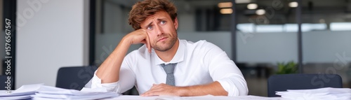 Wallpaper Mural Businessman Looking Pensive at a Desk Surrounded by Papers in an Office Setting Torontodigital.ca