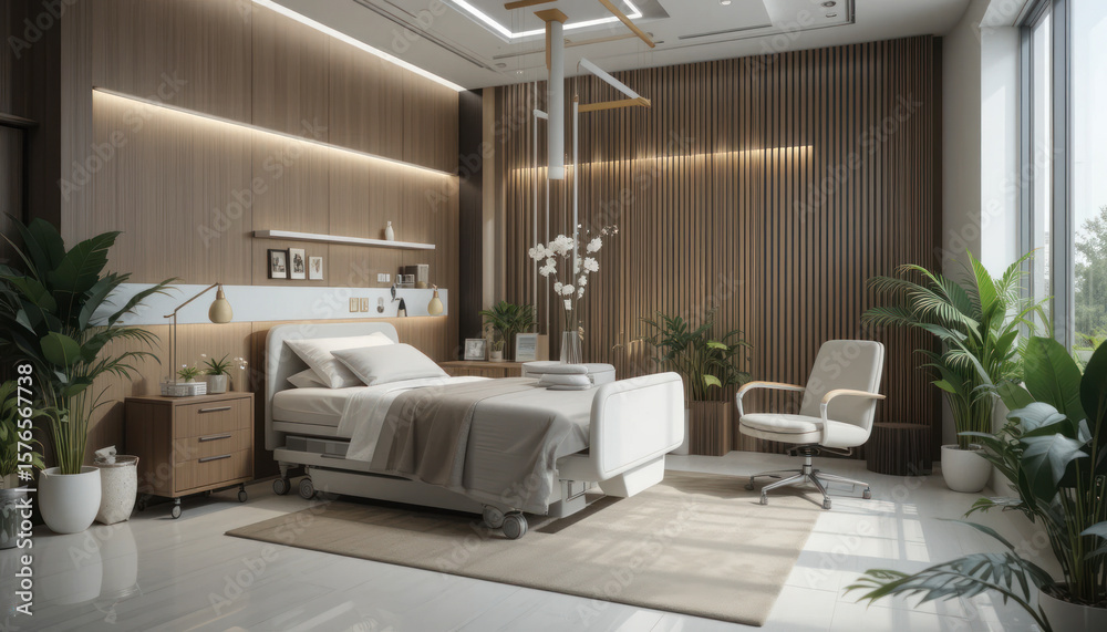 Fototapeta premium Serene hospital room with modern design, featuring a comfortable bed, plants, and natural light.