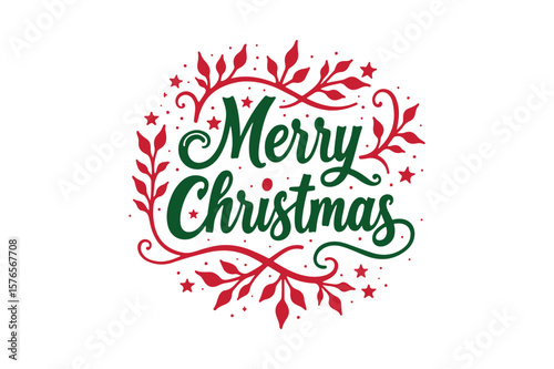 Elegant merry christmas greeting with festive red and green flourishes