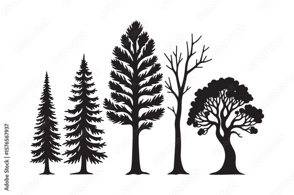 Fototapeta premium Diverse black tree silhouettes against a white background