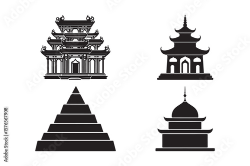Collection of black silhouettes of asian architectural structures