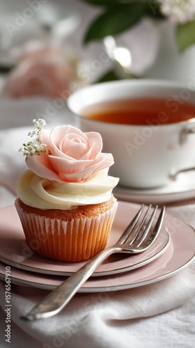 Delightful Cupcake With Rose Decoration and Tea Served in Elegant China Durin...