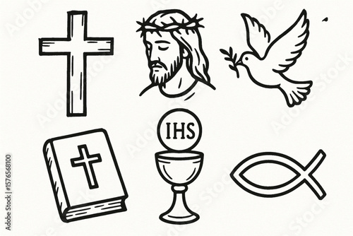 Hand Drawn Christian Religious Symbols – Vector Icon Set on White Background