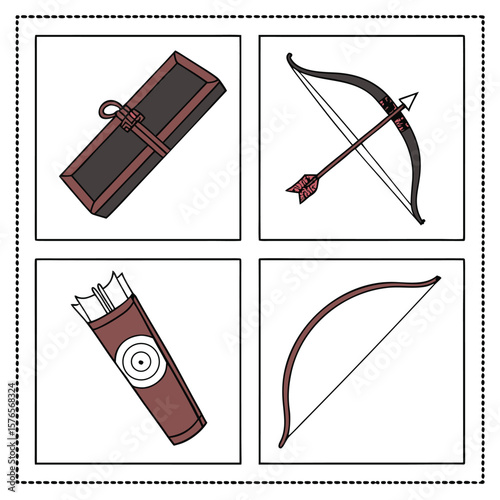 Brown bow quiver arrow case armguard archery vector