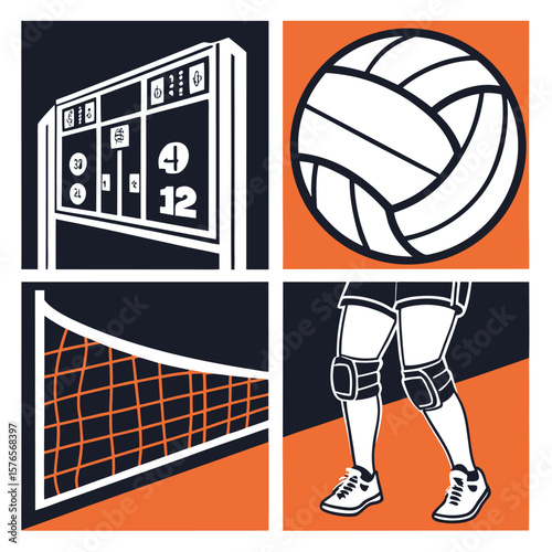 Volleyball elements scoreboard ball net player vector