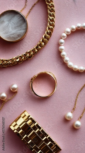 Elegant Collection of Gold and Pearl Jewelry Displayed on a Pink Background f...