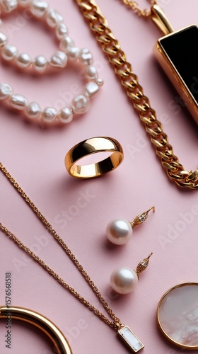 Elegant Display of Jewelry Assortment on Pink Background With Golden and Pear...