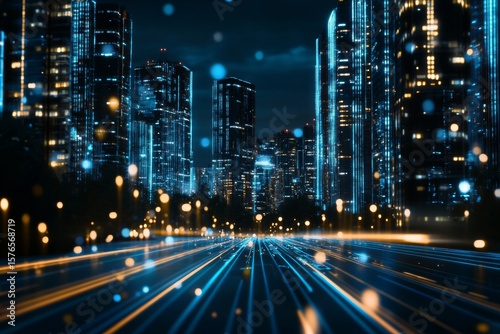Nighttime Cityscape Showcasing Illuminated Buildings and Vibrant Traffic Trails