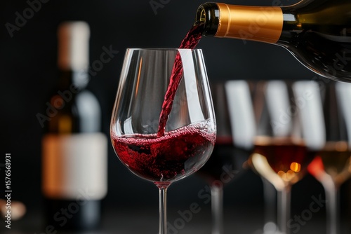Pouring Red Wine Into a Glass With Blurred Bottles in the Background at an El...