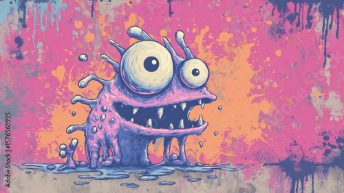 A quirky cartoon monster with a big grin and colorful background.