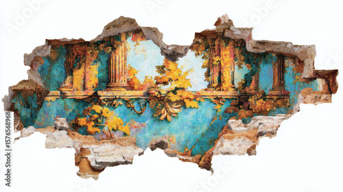 A beautifully rendered, aged fresco depicting classical architecture within a broken wall.