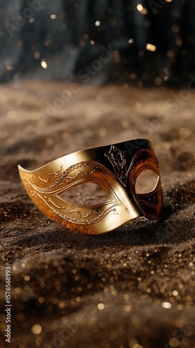 Elegant Golden Mask Placed on Sparkling Sand Background During a Mysterious C...