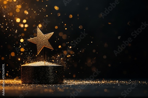 Shining Golden Star Award Illuminated by Sparkling Dust Against Dark Background