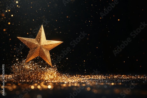 Shining Golden Star Award Illuminated by Sparkling Dust Against Dark Background