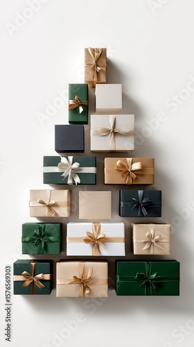 Gift Boxes Arranged in a Festive Tree Shape During the Holiday Season in a Mo...