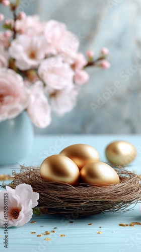 Golden Eggs in a Nest Surrounded by Soft Flowers and a Serene Background