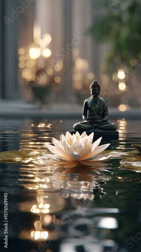 Serene Buddha Statue Surrounded by Lotus Flowers in Tranquil Water at Dusk