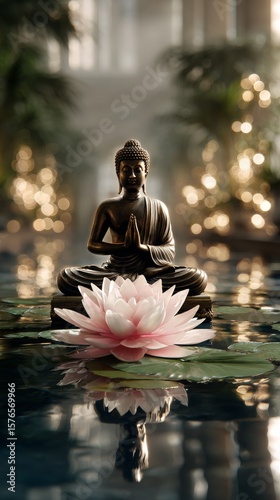 Serene Buddha Statue Beside Illuminated Lotus Flower in Tranquil Indoor Setting