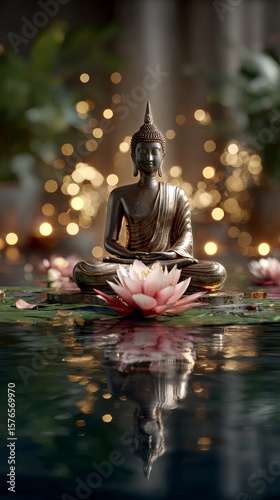 Serene Buddha Statue Surrounded by Lotus Flowers in Tranquil Water at Dusk