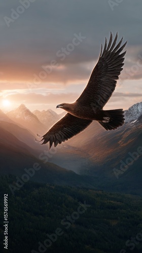 Majestic Eagle Soaring Above Rugged Mountain Landscape at Sunset