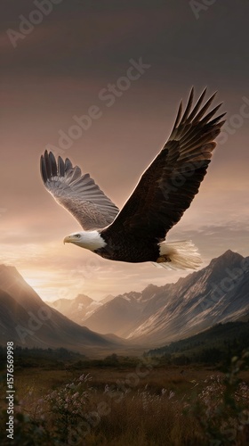 Eagle Soaring Over Mountains at Sunset With Dramatic Colors in the Sky