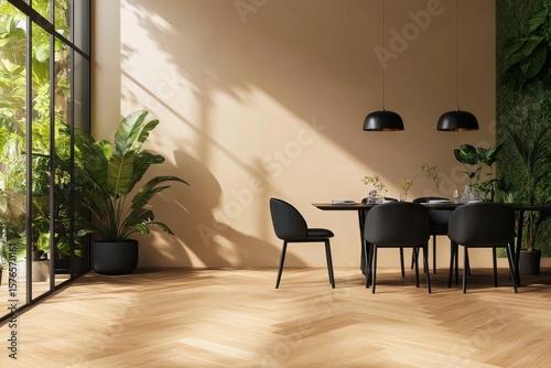 Elegant Dining Area With Modern Decor and Greenery in a Minimalist Setting