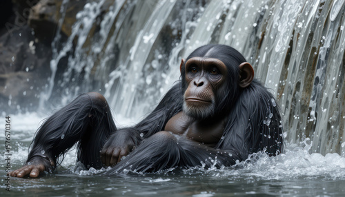 A chimpanzee relaxes in a pool of water, enjoying the cool waterfall.