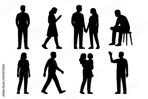 Set of human silhouette icons in various poses including walking, waving, sitting, using phone, and interacting. Communication, social behavior, and daily life concept